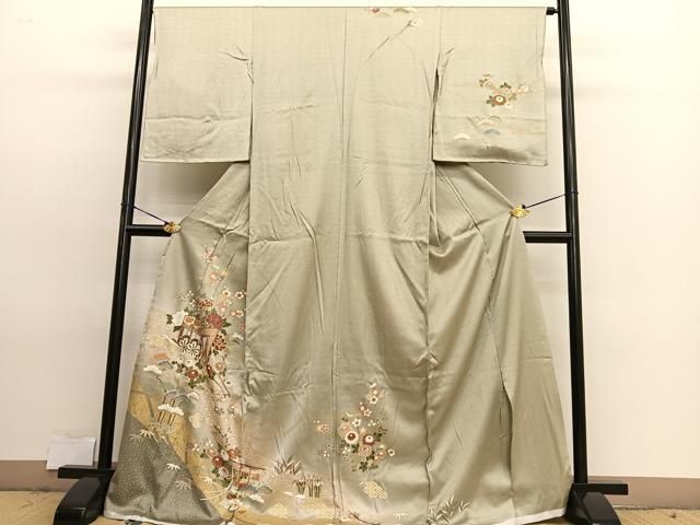 訪問着 松竹梅 屏風に御所車や花草模様 金彩 丁子茶色 PK-1014