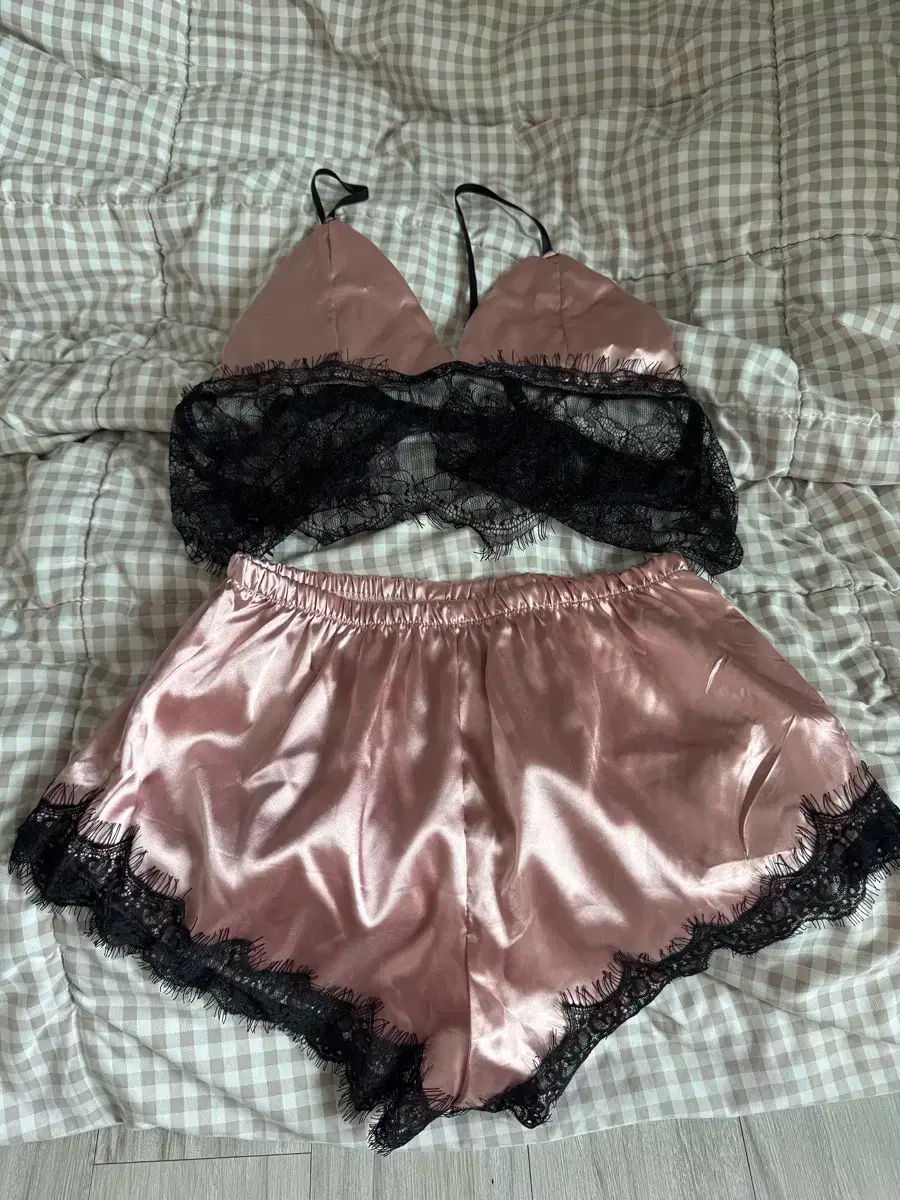 シルク ピンク レース スリップ セット