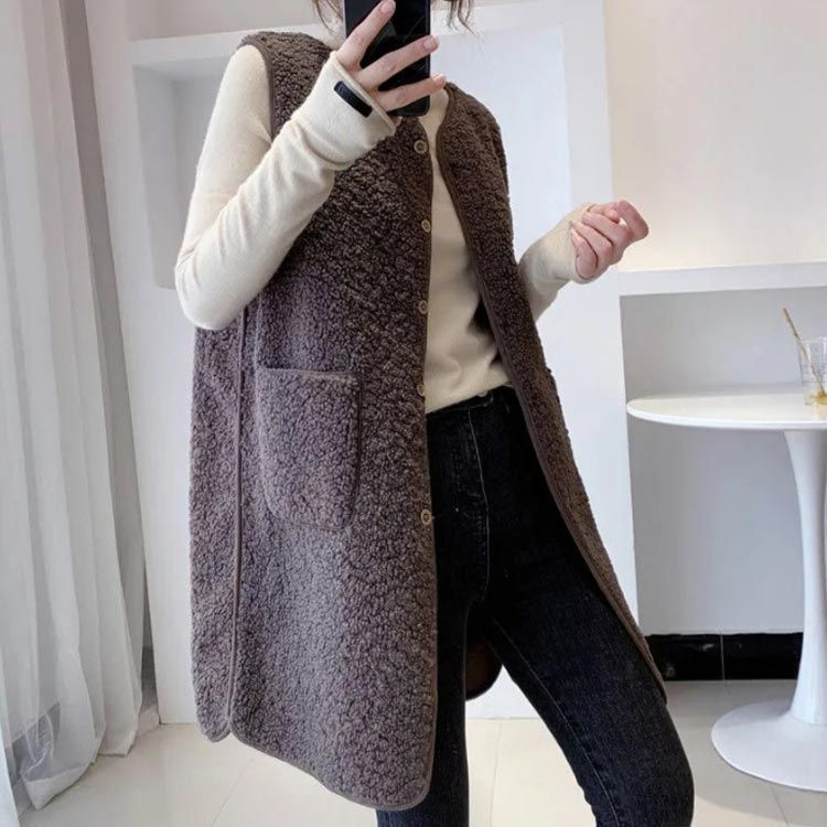 ボアベスト レディース ロングベストフリースベスト 前開き ノー