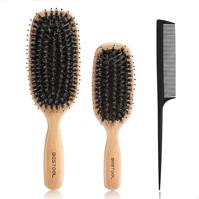 BESTOOL ヘアブラシ 豚毛 くし 木製 櫛 パドルブラシ メンズ レディース こども ヘアケア 高? コーム 頭皮マッサージ サラサラ 艶髪 （親子セット） 0