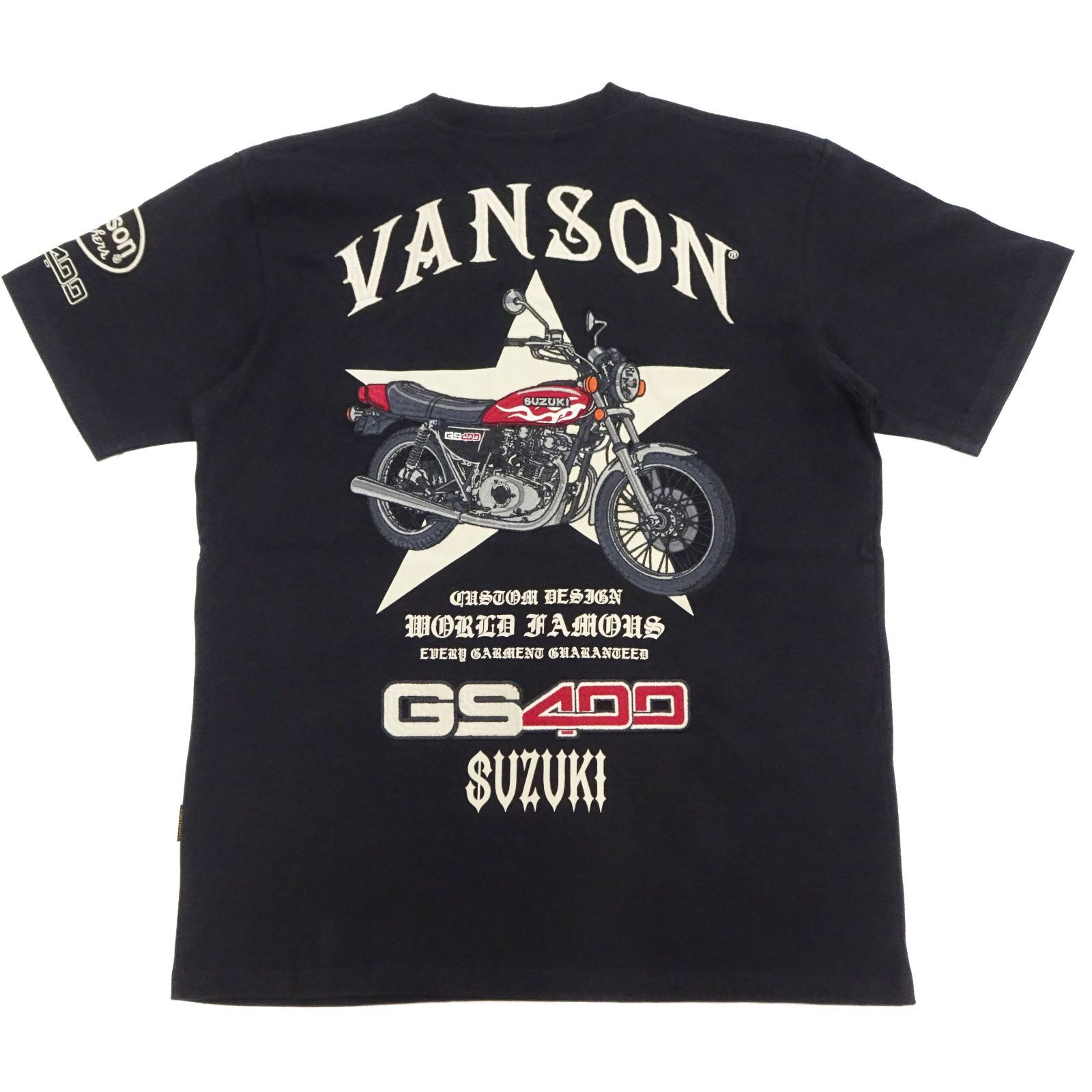 SMV-2404 バンソン スズキ コラボTシャツ VANSON SUZUKI GS400 バイク オートバイ 二輪 ネイキッド 刺繍 半袖Tシャツ 黒 新品 アメカジショップ