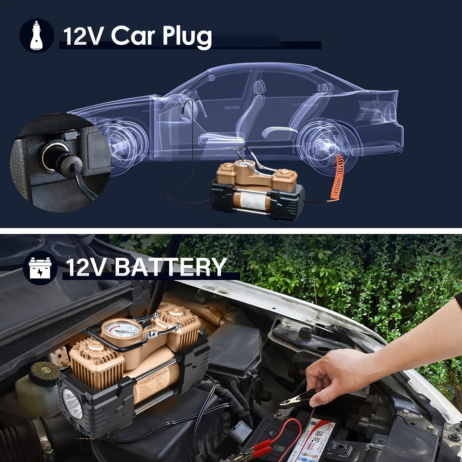 メシュバ ヘビーデューティ 12V ツインシリンダー エアコンプレッサー 精密ゲージと緊急ライト付き - 車 バイク SUVなど用ポータブルタイヤインフレーター - ホース クランプ 針 キャリーバッグ付き メシュバ