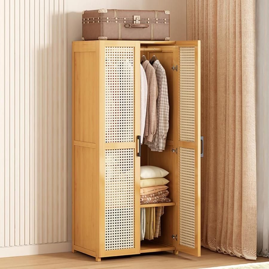 大容量竹製ハンガーラック カーテン・棚付き 幅90cmx高さ146cm 大容量