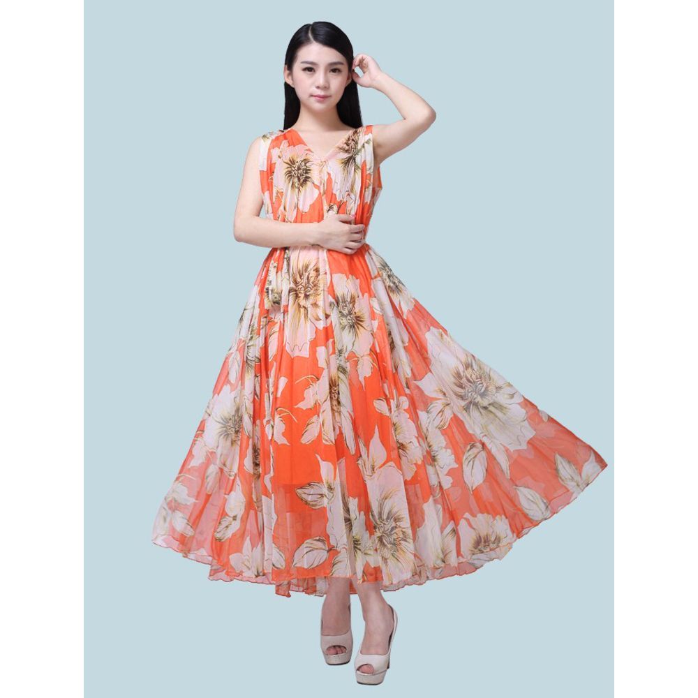 関税送料込【MaxMaraStudio】ロング ワンピース 花柄 オレンジ 88☆注目商品☆冷感 なめらか さらっと生地 花柄 ワンピース