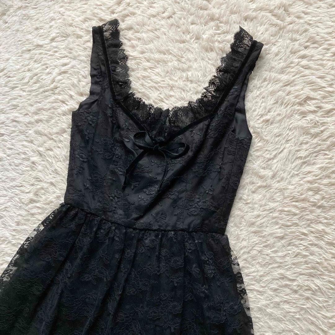 ANNA SUI アナスイ ヴィンテージ ビンテージ Y2K ライン 総レース ノースリーブワンピース キャミワンピース フロア Aライン ベロアリボン 黒 ブラック 4サイズ