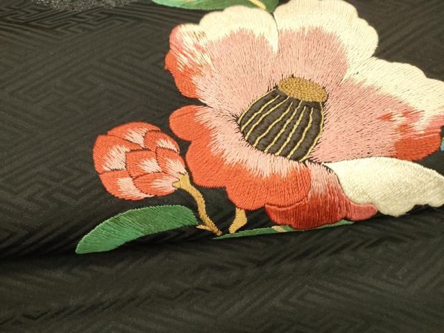 平和屋着物●アンティーク 大正ロマン 九寸名古屋帯 総刺繍 枝花文 雪輪矢羽文 黒地 金銀糸 正絹 DAAY8230cm