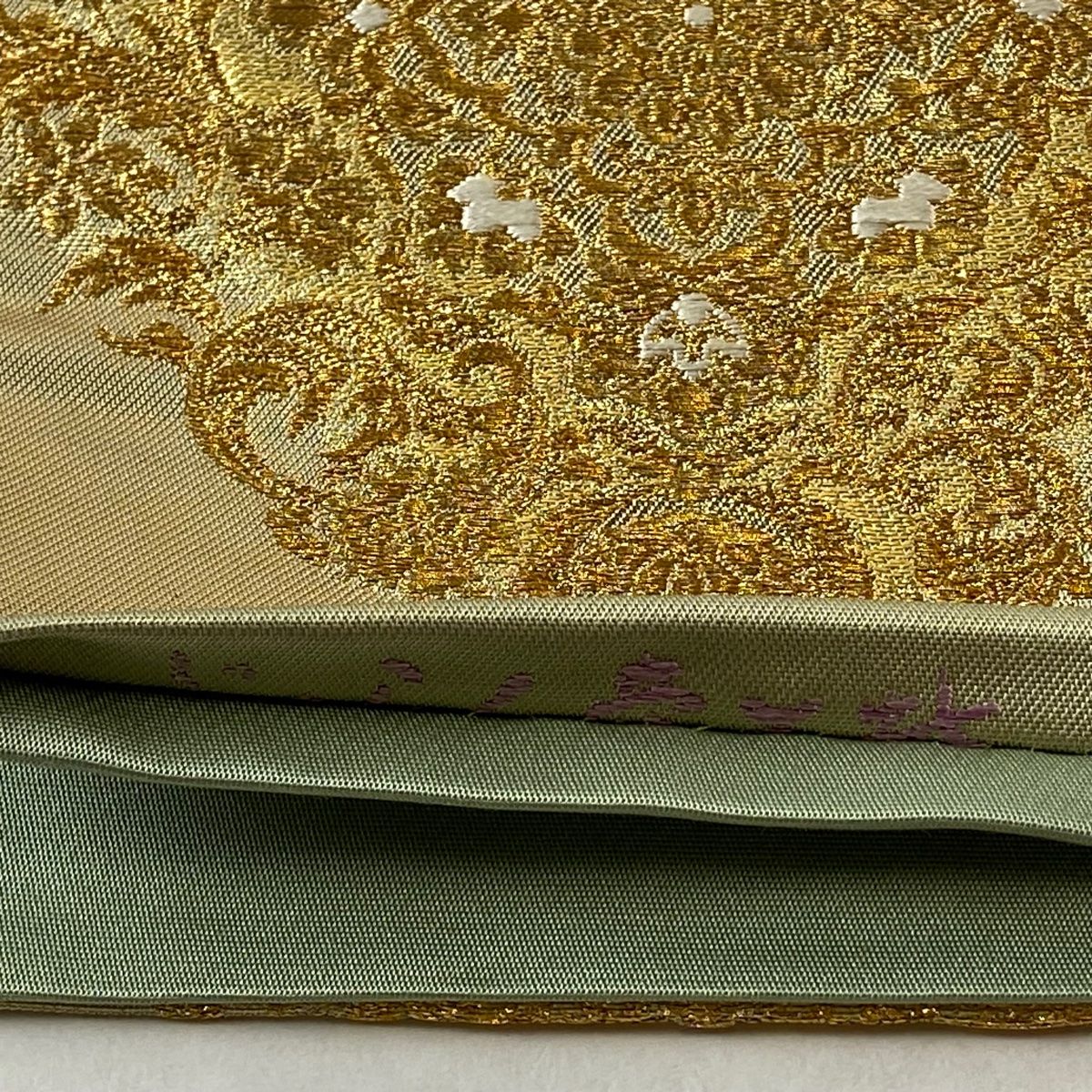 袋帯 美品 逸品 じゅらく 落款 帝王紫 華文 草花 金糸 箔 金色 お太鼓