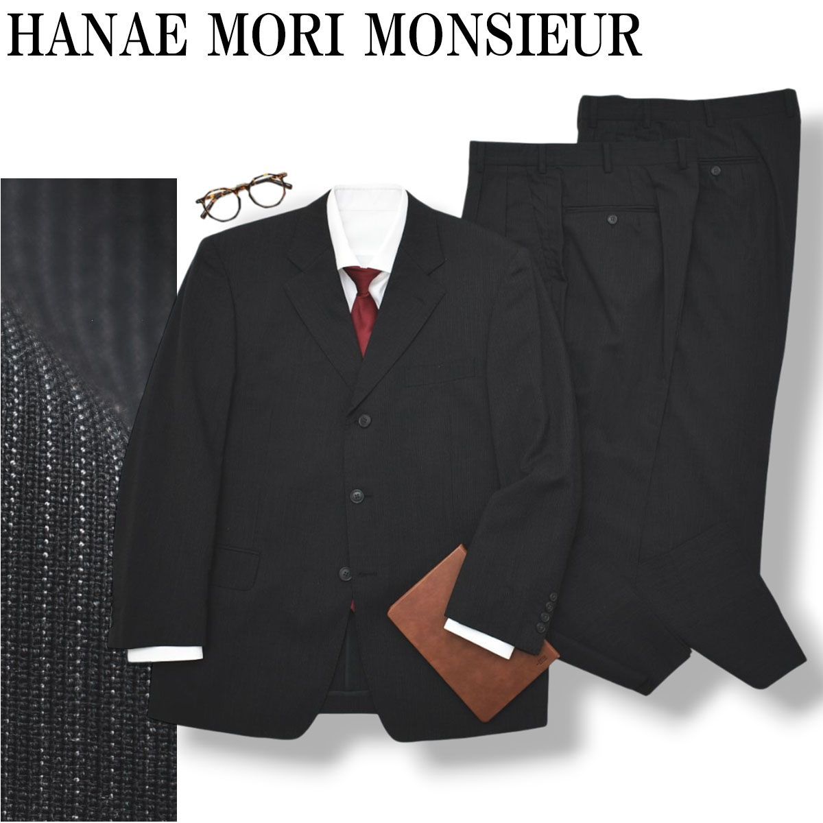 ハナエモリ ムッシュ HANAE MORI MONSIEUR ピンストライプ柄 シングル 3B 2パンツ スーツ セットアップ 上下 テーラードジャケット スラックスパンツ 春夏 AB5 ブラック メンズ
