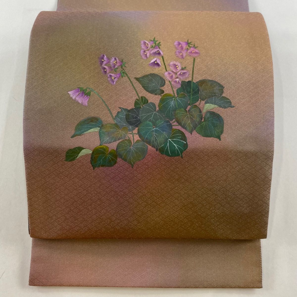 袋帯 美品 秀品 落款 草花 ぼかし 銀糸 赤紫 お太鼓柄 正絹 