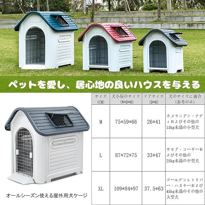 pempet 犬小屋 ペットハウス プラスチック ドッグハウス 屋内 屋外 小型犬 中型犬 大型犬 天窓付き ドア付き 防雨 換気 軽量 全天候型 オールシーズン グレー L