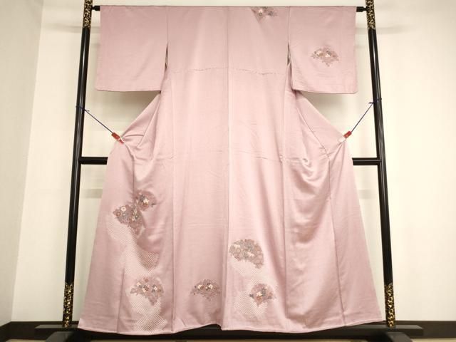 限定セール♪訪問着袷着物　絞り　雪輪枝垂れ花文　金彩 訪問着レンタル・紅桔梗 紫系 暈し染め 駒刺繍 金彩 花草 雪輪