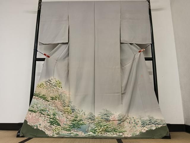 平和屋着物●本加賀友禅作家　東藤岳　訪問着　枝花文　柳鼠色地　正絹　逸品　AABE2071ck 平和屋着物○本加賀友禅作家 東藤岳 訪問着 枝花文 正絹