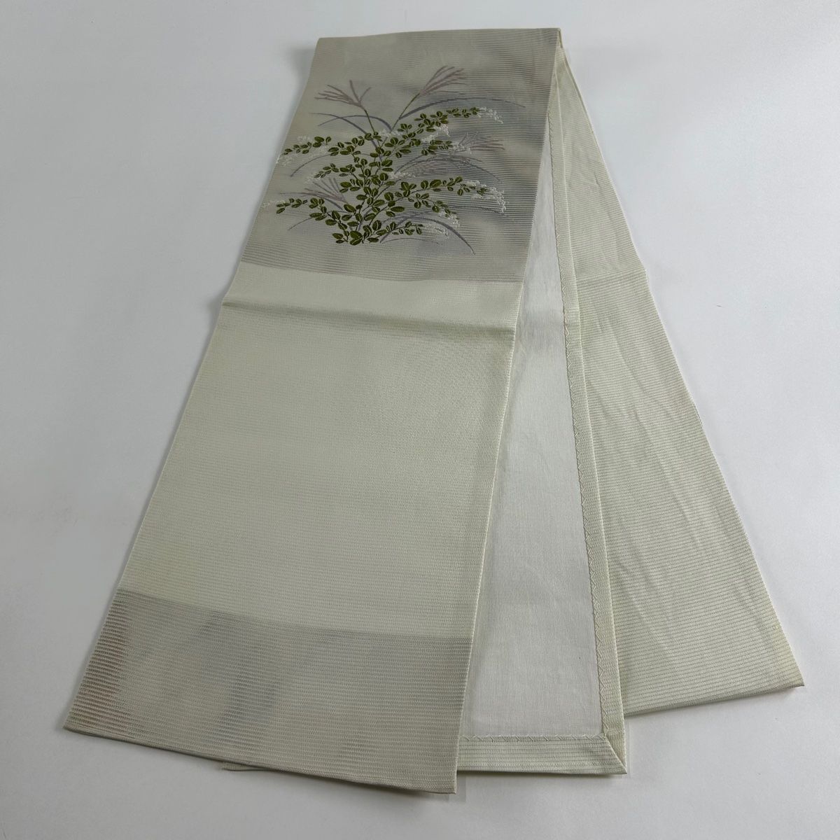 開き名古屋帯 美品 優品 夏帯 絽 萩 ススキ 箔 クリーム 正絹 【中古 