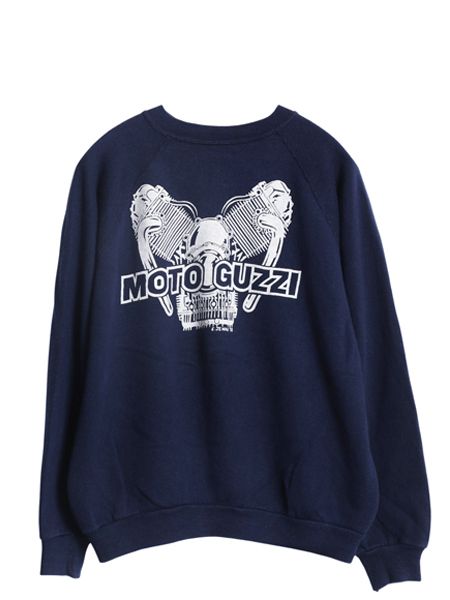 なクーポン配布中! 70s モト グッツィ イラスト プリント スウェット L 小さめ メンズ S 程 ヴィンテージ バイク グラフィック トレーナー 裏起毛 紺