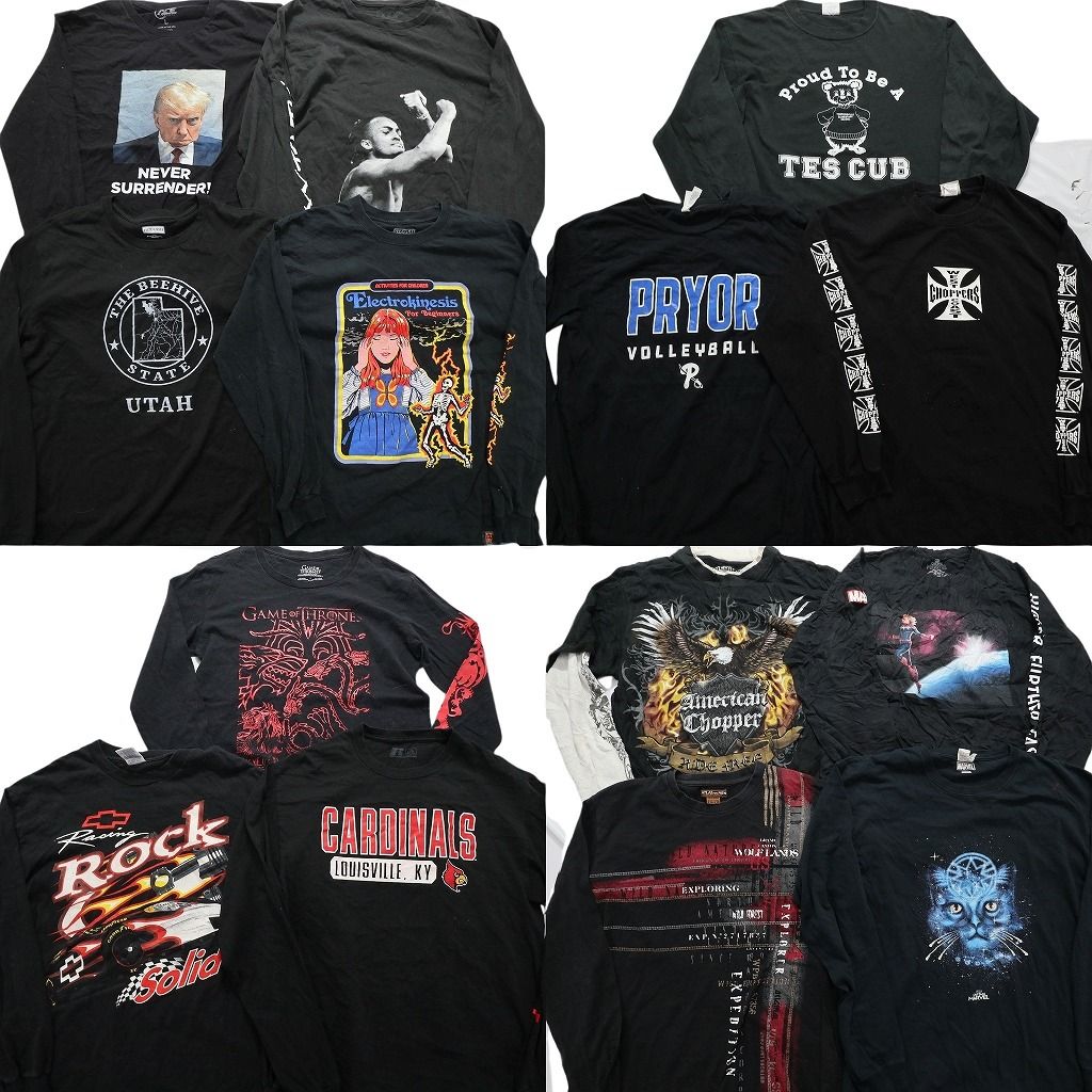 古着卸 黒 グレー ボディ プリント 長袖Tシャツ 14枚セット メンズ L チームロゴ 人物 トランプ シボレー 古着 NA9869