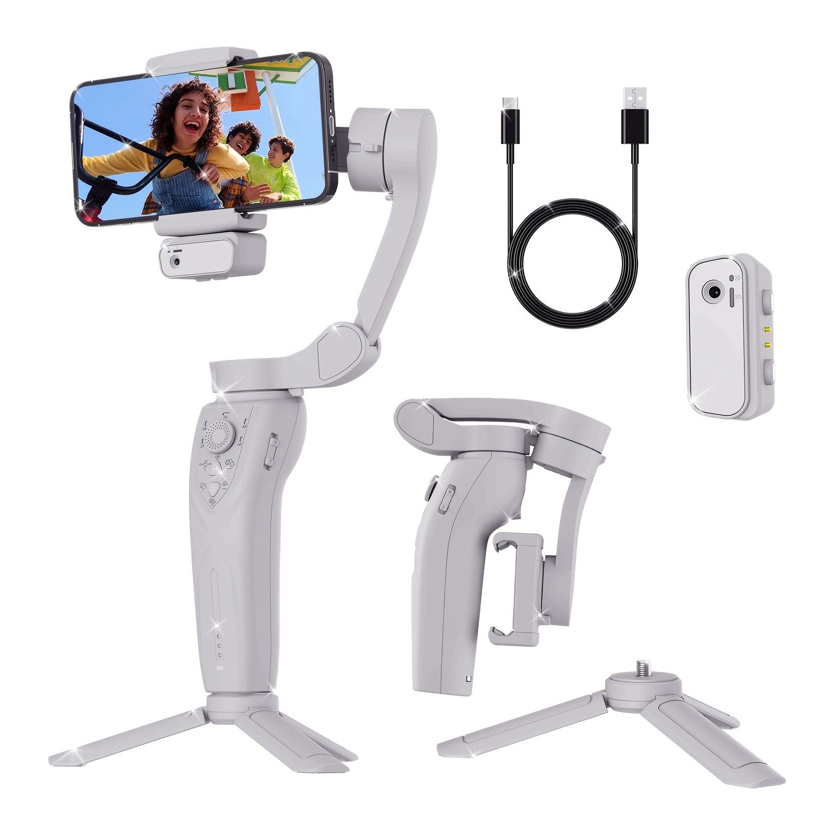 デザインナルト軽量ポータブル折りたたみ式3軸アンチシェイクハンドヘルドスタビライザー インテリジェントAIフェーストラッキングショット録画 水平または垂直ショットのワンタッチスイッチング トリポッドと磁気フィルライト付きヒッチコックタイムラプス