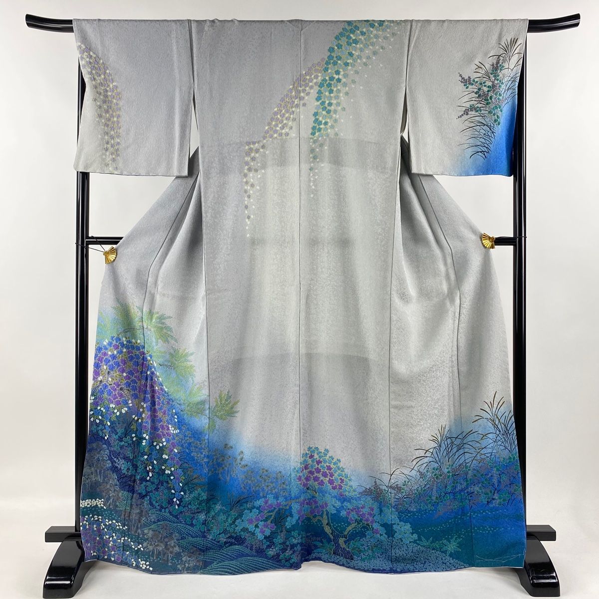 訪問着 身丈166.5cm 裄丈67cm M 袷 草花 流水 金通し 絞り 灰色 正絹 名品