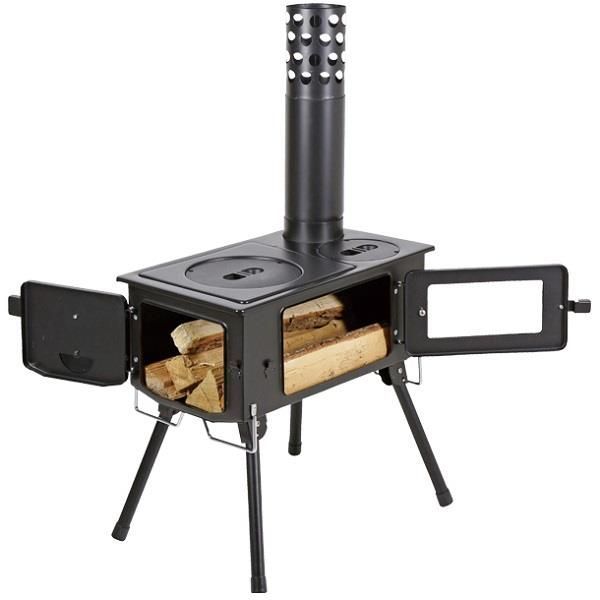 薪ストーブ キャンプ 煙突 ダッチオーブン バーベキュー UG-0075 KAMADO かまど 煙突 ガラス窓付 角型ストーブ キャプテンスタッグ 14CD