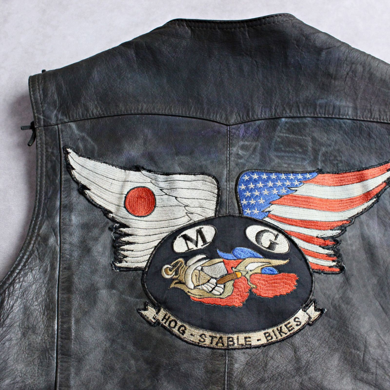 FAST WAY】HOG 日米国旗ワッペン バイカーベスト レザーベスト FAST WAY】HOG 日米国旗ワッペン バイカーベスト レザーベスト