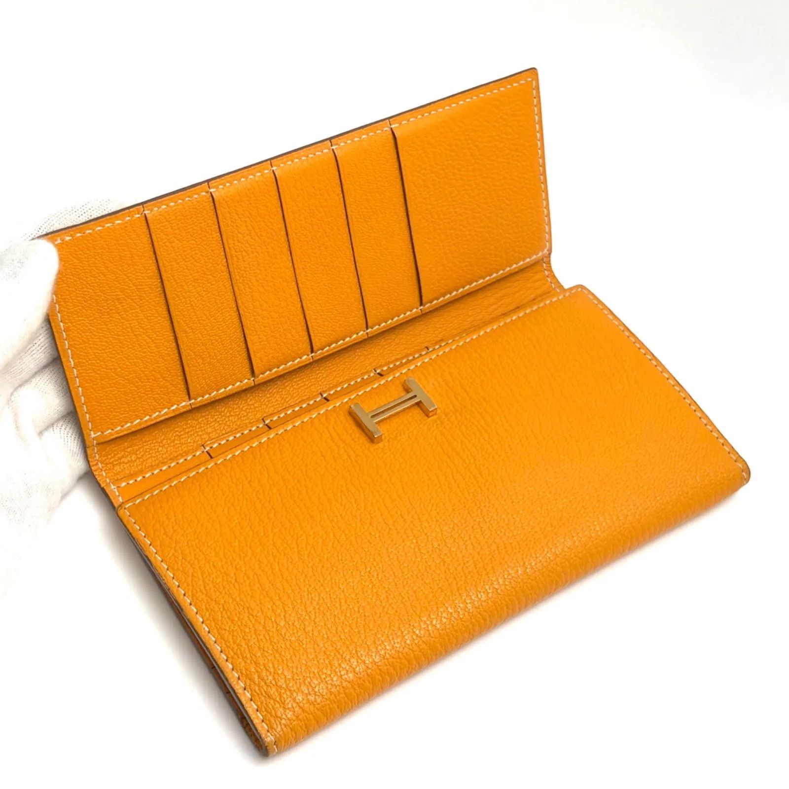 HERMES オレンジ 三つ折り財布 希少】HERMES エルメス 三つ折り財布 べアン デュプリ長財布