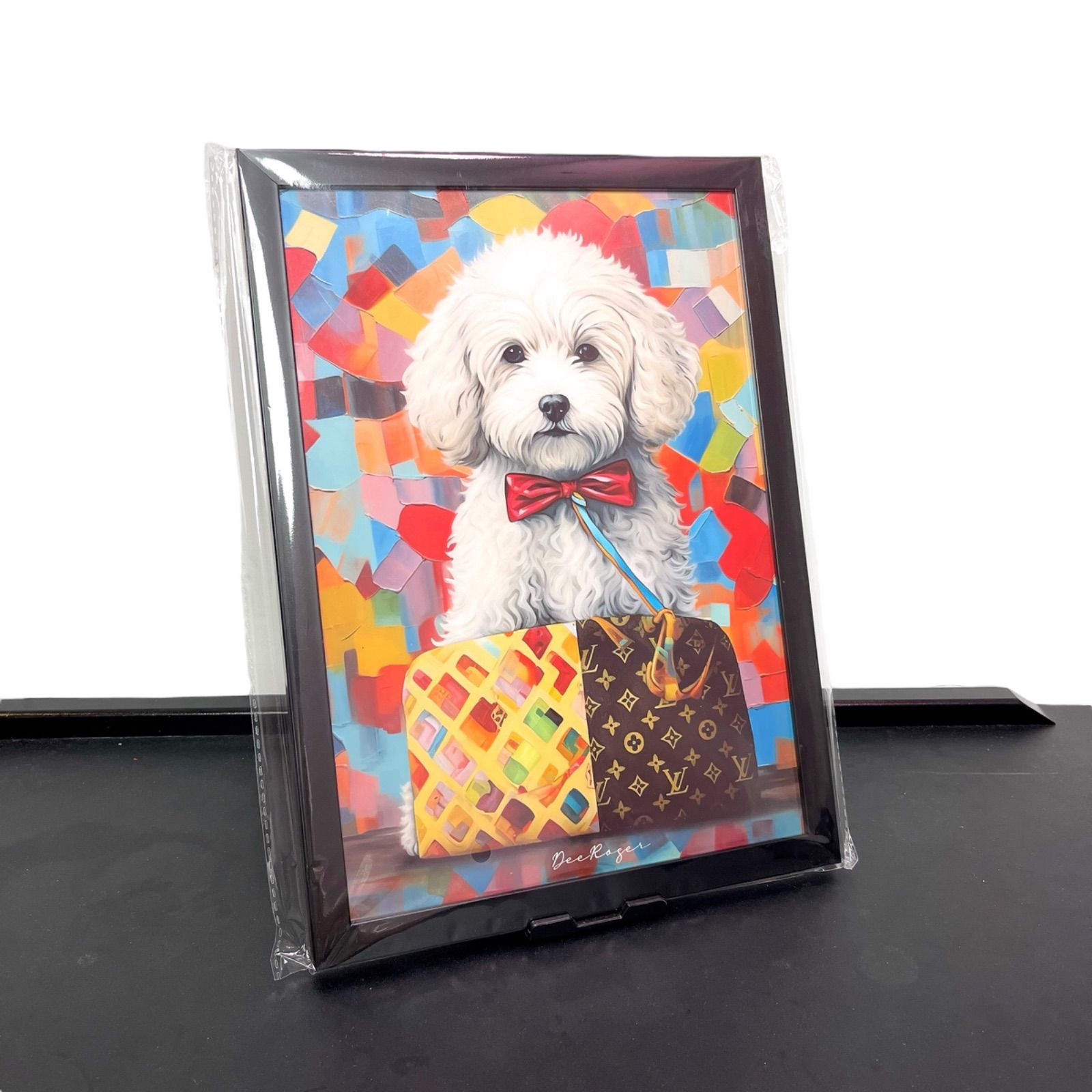 Louis Vuitton Dog Art 額付き ドッグ アートポスター 犬 マルプー 蝶ネクタイがバッグに絡まっちゃって、、、マンモス悲ピー