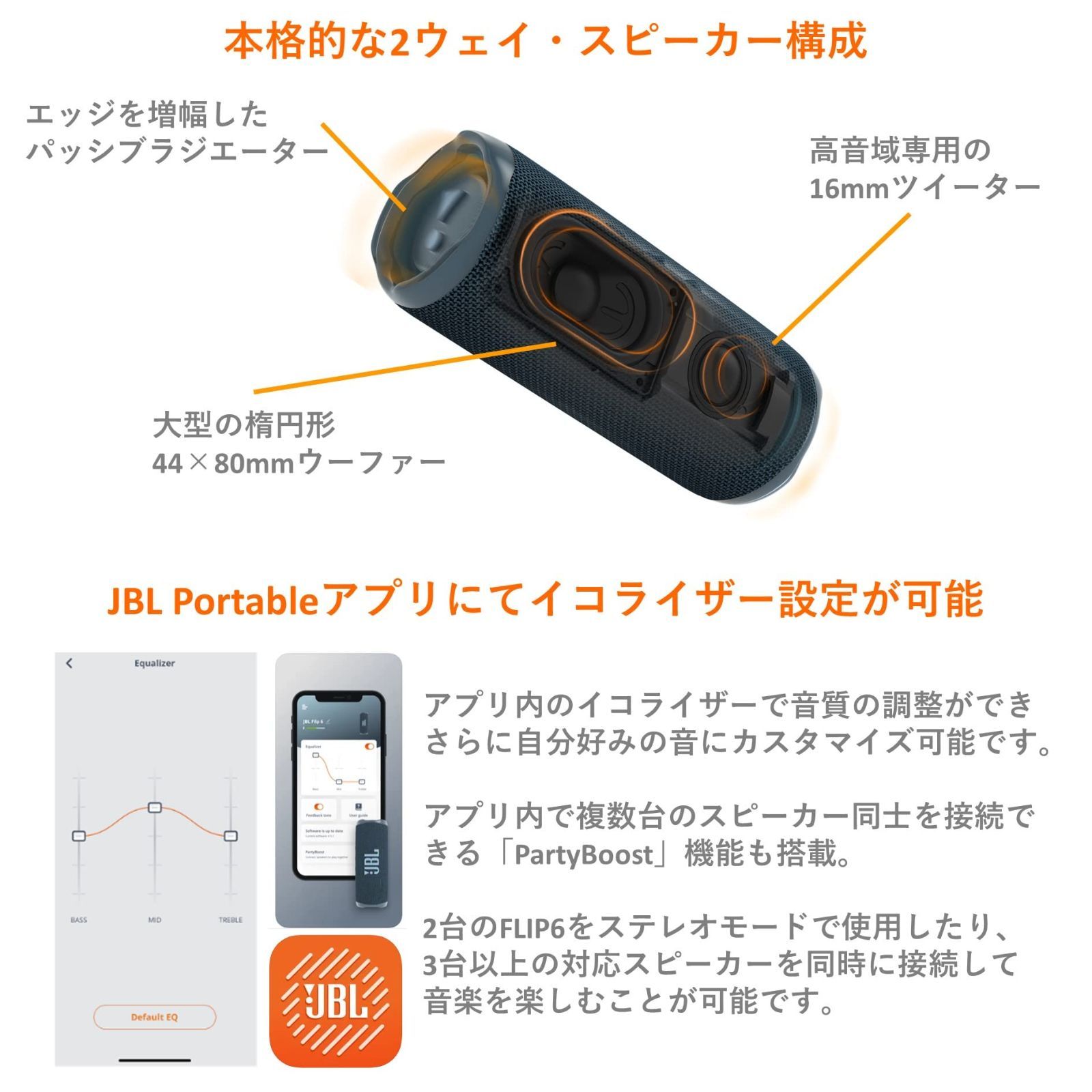 JBL FLIP6 Bluetoothスピーカー 2ウェイ・スピーカー構成/USB C充電