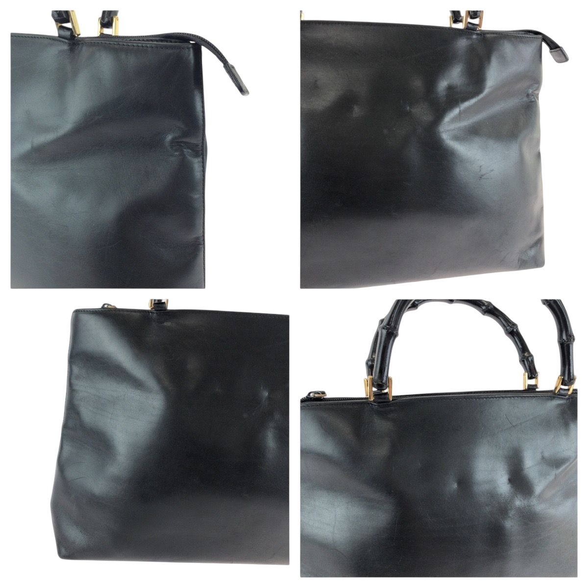 大人も着やすいシンプルファッション 黒 ブラック バンブー グッチ GUCCI ゴールド金具 002 レザー バッグ