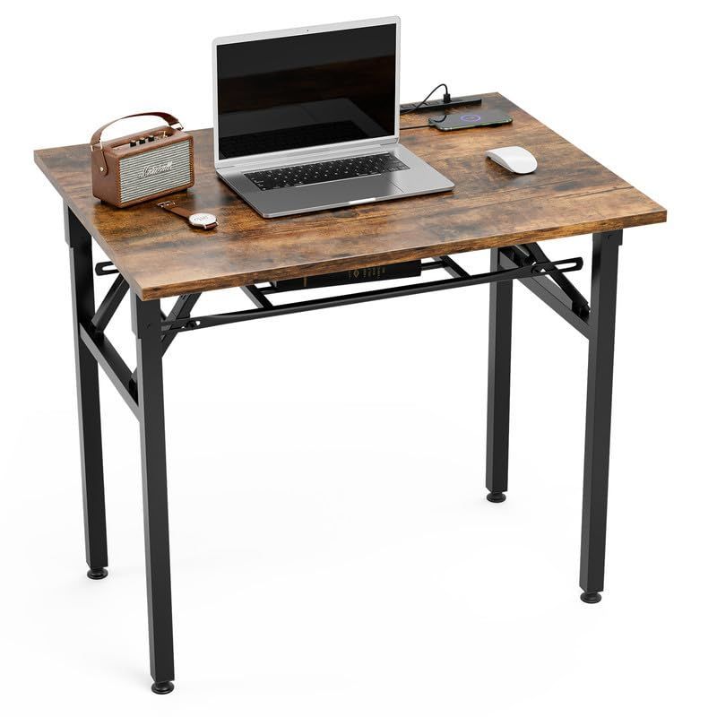 組み立て不要 大理石柄 80*60*72CM パソコンデスク ゲーミングデスク ミシン台 折り畳みテーブル 折りたたみデスク 簡易デスク ワーク 在宅勤務 テレワーク FryLR 組立簡単 省スペース USB＆コンセント付き アンティークブラウン