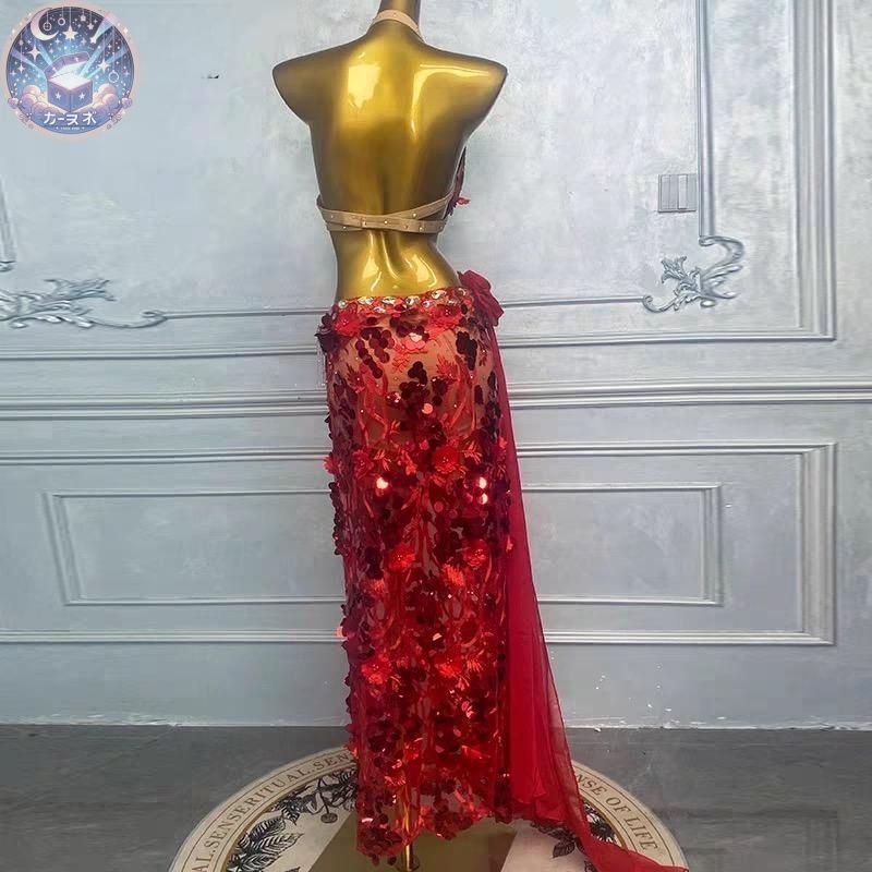 新品 未使用 ベリーダンス オリエンタル衣装 薔薇 レッド ブラ