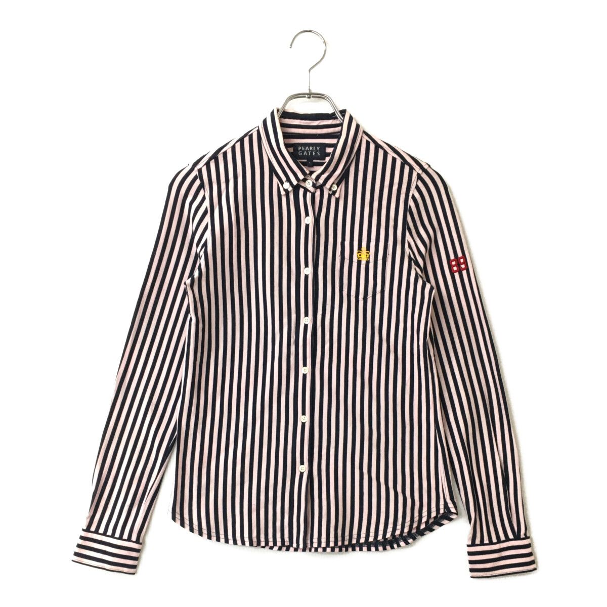 中古 レディース パーリーゲイツ PEARLY GATES 長袖シャツ 1(M) 紺×薄ピンク ネイビー ボタンダウン ストライプ