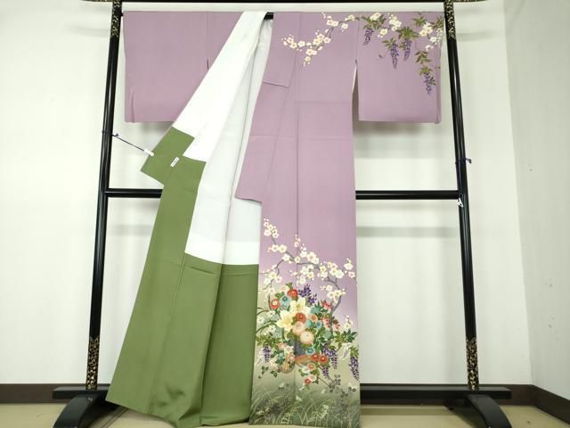 平和屋着物●ファッションデザイナー 花井幸子　訪問着　紬地　刺繍　花丸文　正絹　逸品　DAAZ0669ps 平和屋着物○ファッションデザイナー 花井幸子 訪問着 駒刺繍 吉祥花車