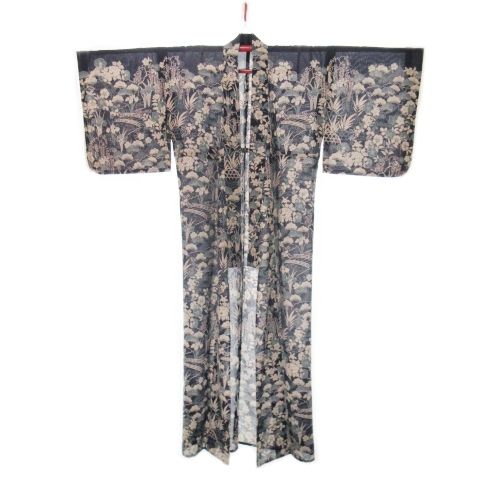 ブショウアン 撫松庵 浴衣 夏着物 シャリ感 透け感 紗 藤 桔梗 牡丹 松 撫子 菖蒲 花柄 総柄 163 紺 ネイビー |CK1 GY18