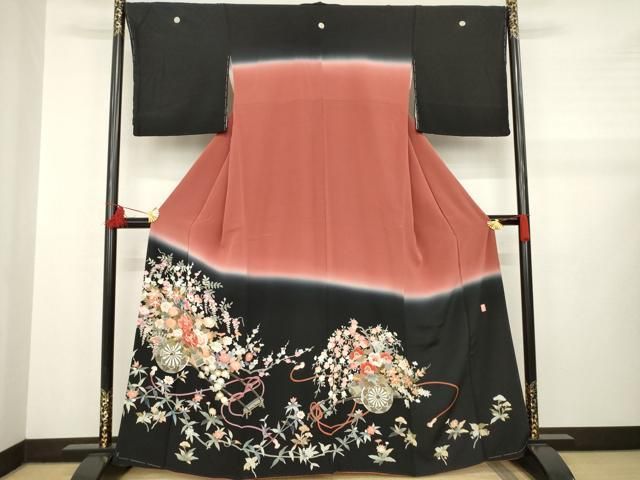 平和屋着物●訪問着 友禅 作家物 花車文 暈し染め 黒地 正絹 AABB1983ck