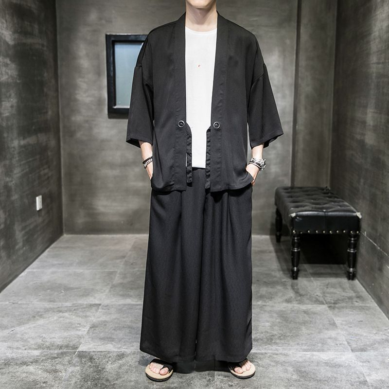 人気メンズ 羽織 上下セット夏 甚平 ジャージ カーディガン セットアップ サルエルパンツ 和服 涼しい 部屋着 花火大会 浴衣風 袴 祭りブラック M-5XL
