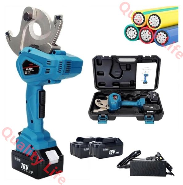 充電式ケーブルカッタ ラチェット式 18V対応 バッテリー駆動 電動ワイヤーカッター 業務用 小型軽量 片手 ACSR切断 アルミ 銅 ケーブル切断工具 電線切断ツール Ф50mm以下の切断 バッテリー2個と充電器1個付き A