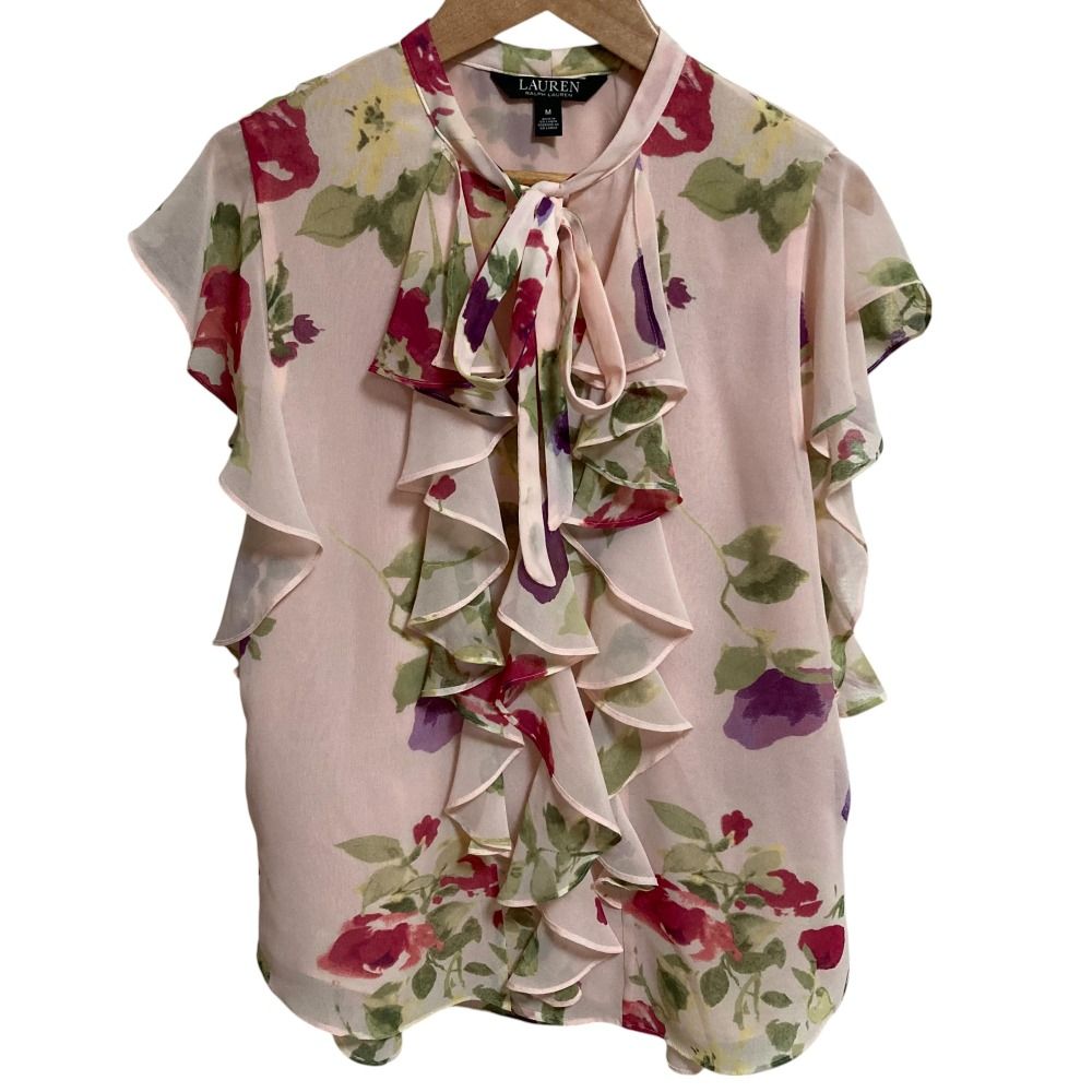 美品 LAUREN RALPH LAUREN ラルフローレン フラワープリント フレンチスリーブ シフォン フリル カットソー ブラウス Mサイズ ピンク レディース 古着 中古 美品 LAUREN RALPH LAUREN ラルフローレン フラワープリント