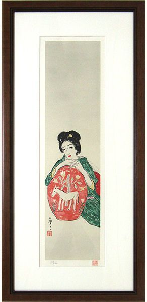 絵画 竹久夢二 「青い衣物の女」 リトグラフ 版画 額付き 美人画