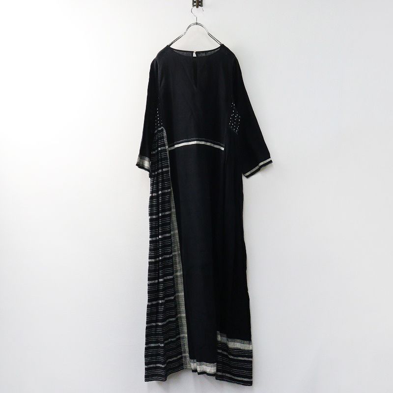 インジリ INJIRI コットン ジャムダニ織り サイドギャザー ロングフ ワンピース 38 ブラック┃ドレス