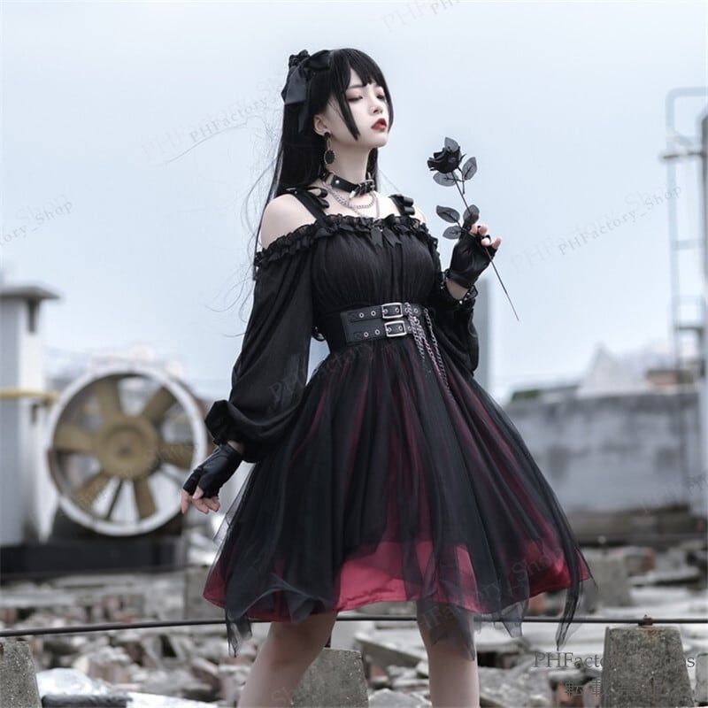 ロリータ ゴスロリ ゴシック 暗黒系 ワンピース Aライン Lolita オフショルダー レディース コスチューム クラロリ 衣装 かわいい フリル パーティ イベント コスチューム 仮装 ハロウィン 学園祭 文化祭