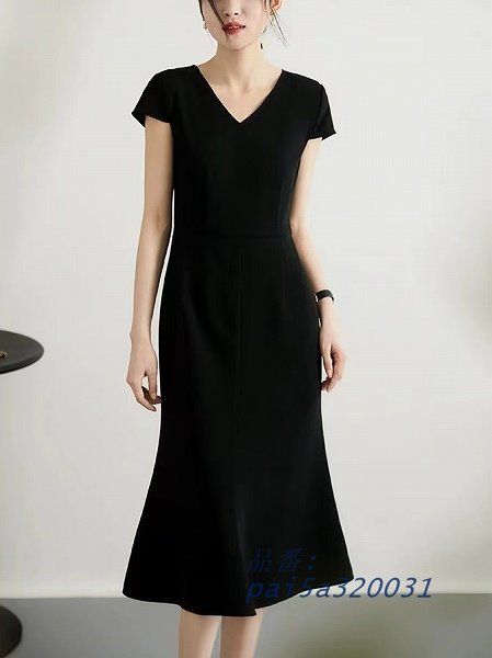 V襟ミセス上品ワンピース ミモレ丈 マーメイドラインスカート ひざ下丈 フレンチスリーブ送料無料 大きいサイズ有り 細く見える通勤20代30代40代50代60代 pai5a320031