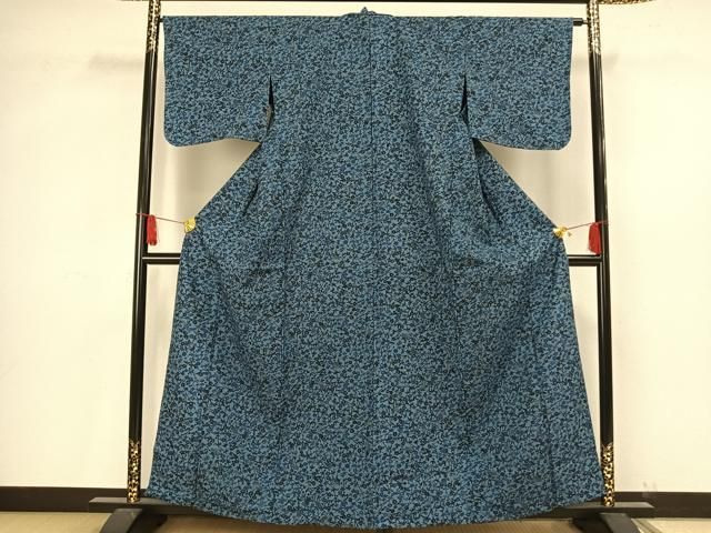平和屋着物▽上質な小紋　単衣　紬地　型染め　草花文　藍　正絹　逸品　AAAV2857fy 平和屋着物▽上質な小紋 単衣 紬地 型染め 草花文 藍 正絹 逸品