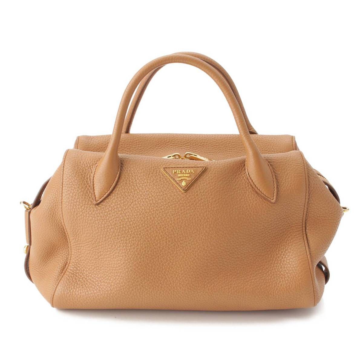 PRADA プラダ レザー バッグ ハンドバッグ ベージュ 三角プレート 白タグ プラダ】Prada 三角プレート レザー 2way ハンドバッグ
