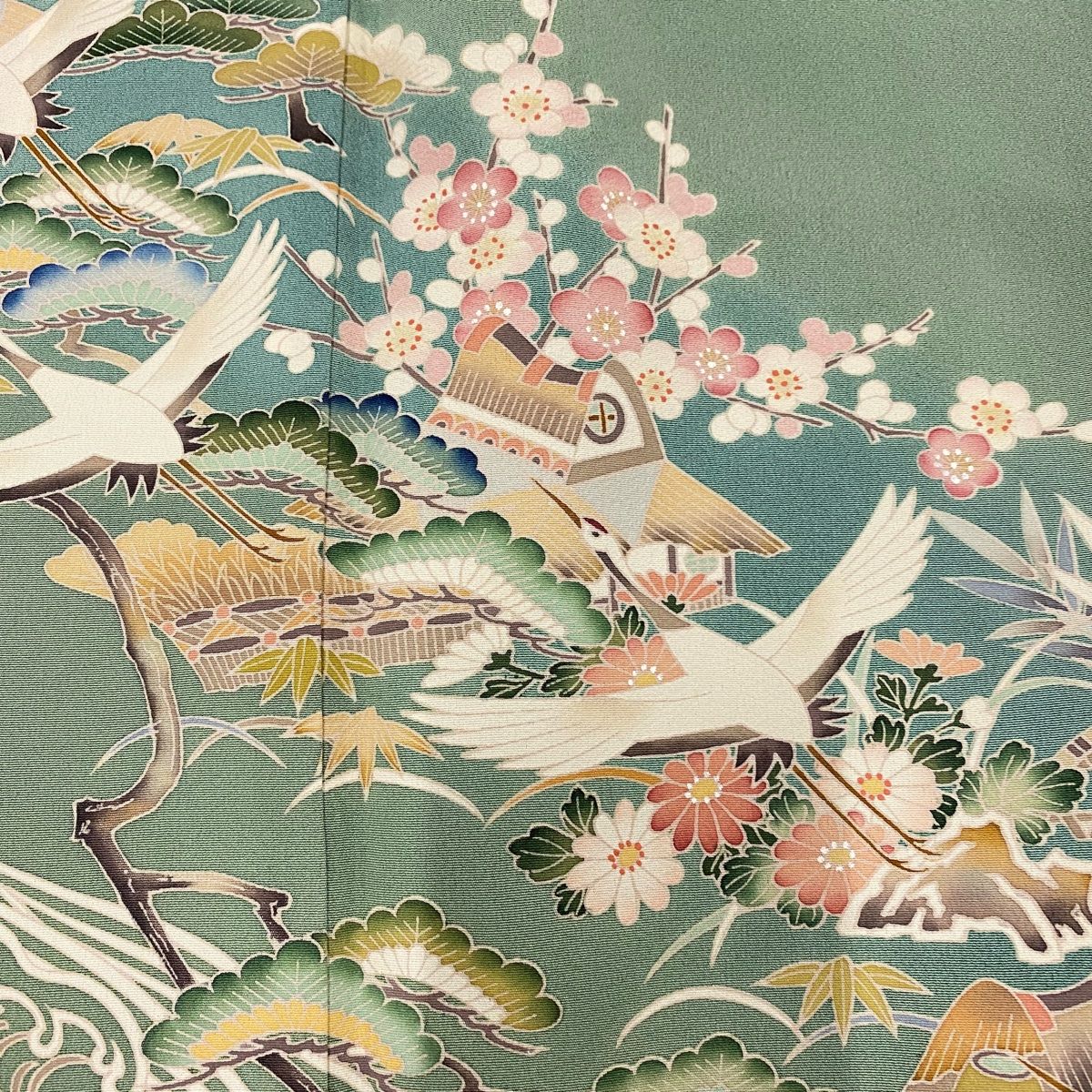 色留袖 身丈156cm 裄丈64cm M 袷 落款 松竹梅 鶴 染め分け ぼかし 灰緑