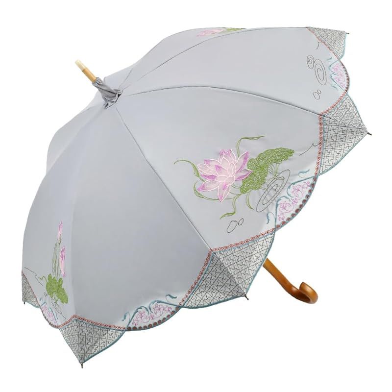 シノワズリーモダン 日傘 女優日傘 蓮花 オーガンジー刺繍 長日傘 完全遮光 遮熱 逃熱 UVカット かわず張り 涼しい 晴雨兼用傘 ライトグレー 0