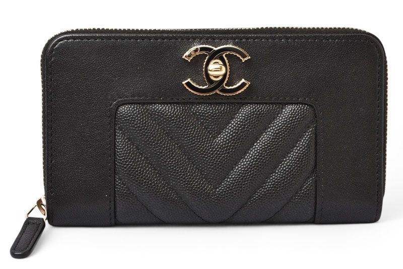 シャネル 財布 二つ折り CHANEL 財布 マドモアゼル|シェブロン ブラック|ゴールド