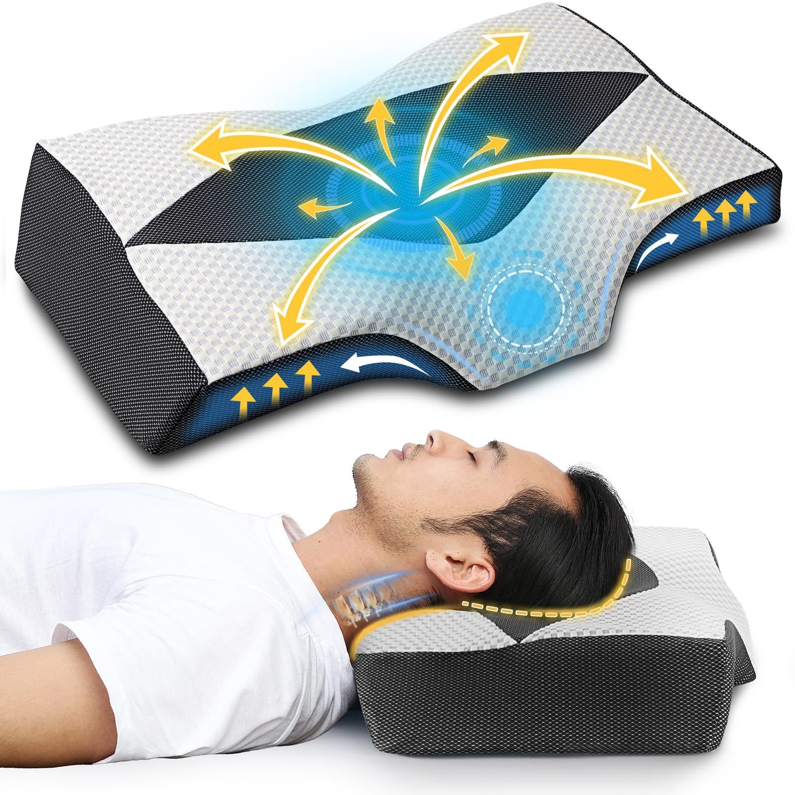商品 MyeFoam 枕 安眠 肩がラク 低反発 まくら 凹型の中空設計 頭が安定し 首や肩の負担にならない 高さ調整可 仰向き 横向き プレゼント 洗える枕カバー ダークグレー