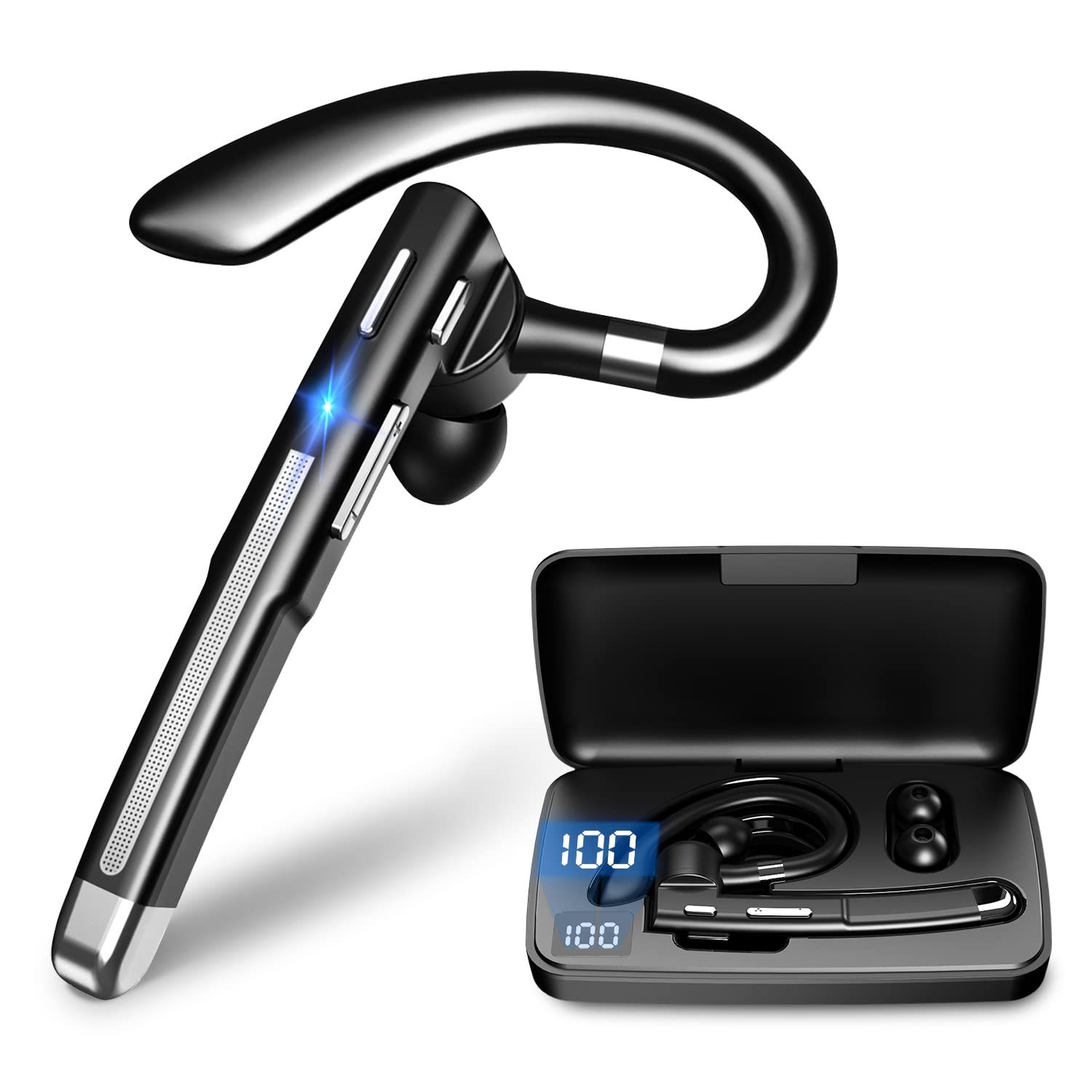 【人気商品】【2024新登場 Bluetoothヘッドセット】 Bluetooth5.3 イヤホン 片耳 100時間超長時間連続使用 ワイヤレス 耳掛け型 500mAh充電ケース付 LEDバッテリー残量ディスプレイ CVC8.0ノイズキャン
