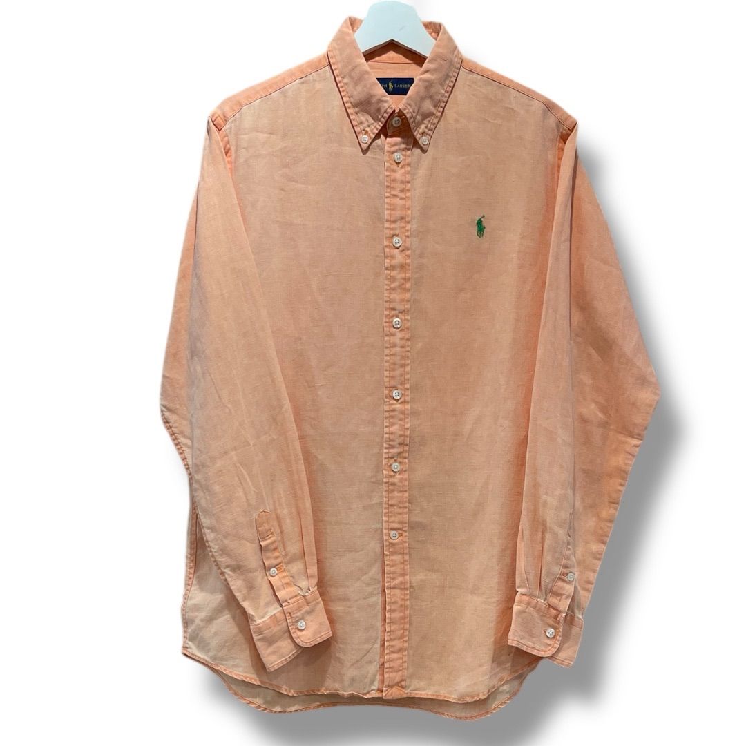 ラルフローレン　長袖シャツ　リネン100 麻　BD オレンジ　Lサイズ相当155 美品 RALPH LAUREN ラルフローレン リネンボタンダウンシャツ L