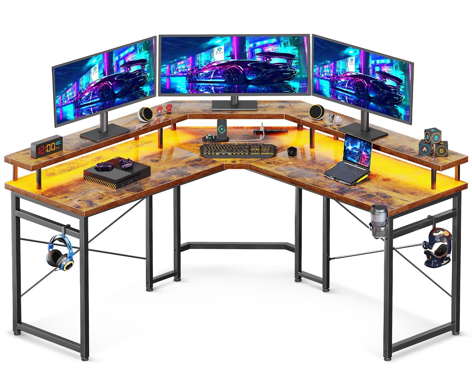 ODK ゲーミングデスク コンセント付き パソコンデスク 机 幅129 収納 desk 仕事用 l字デスク 在宅勤務 組立簡単 ビンテージ