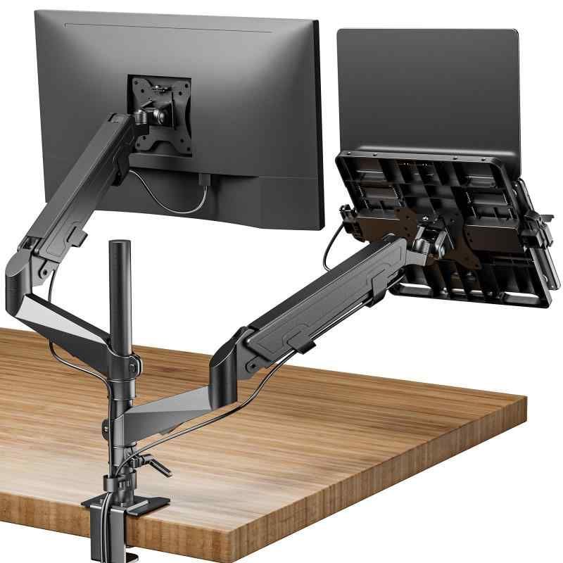 止めネジ式VESA 工匠藤井 デュアルモニターアーム 液晶ディスプレイアーム PCトレイ付き 高度0-90cm ガススプリング式 15〜32インチ対応 耐荷重0-9kg ケーブル収納 クランプ式＆グロメット式